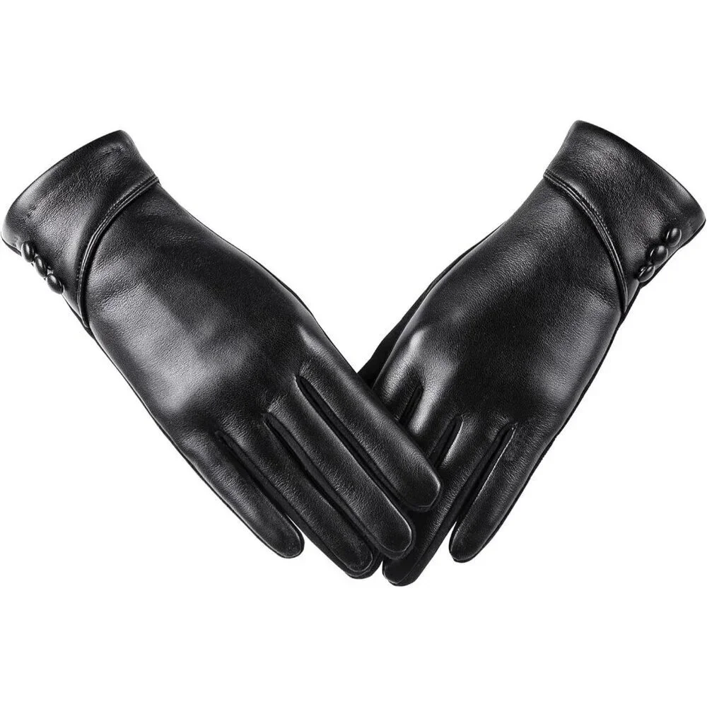 Women's Black Winter Leather Suede Gloves Wool Lined Windproof Touchscreen